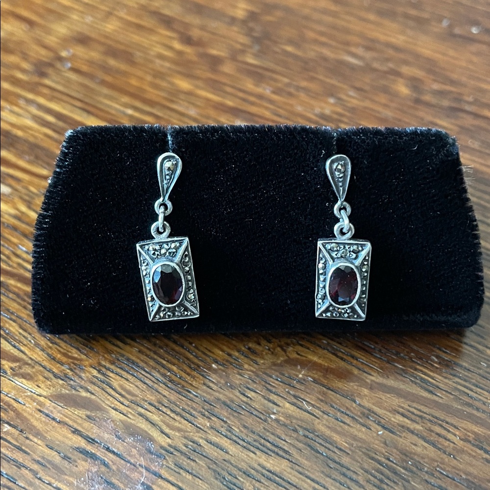 Vintage Sterling Silver Marcasite Red Stone Dangle Earrings